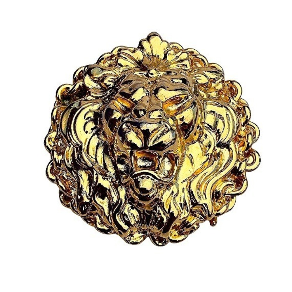 VTG Lion Head Zodiac Brooch Gold Tone Textured Statement Regal Round Animal
